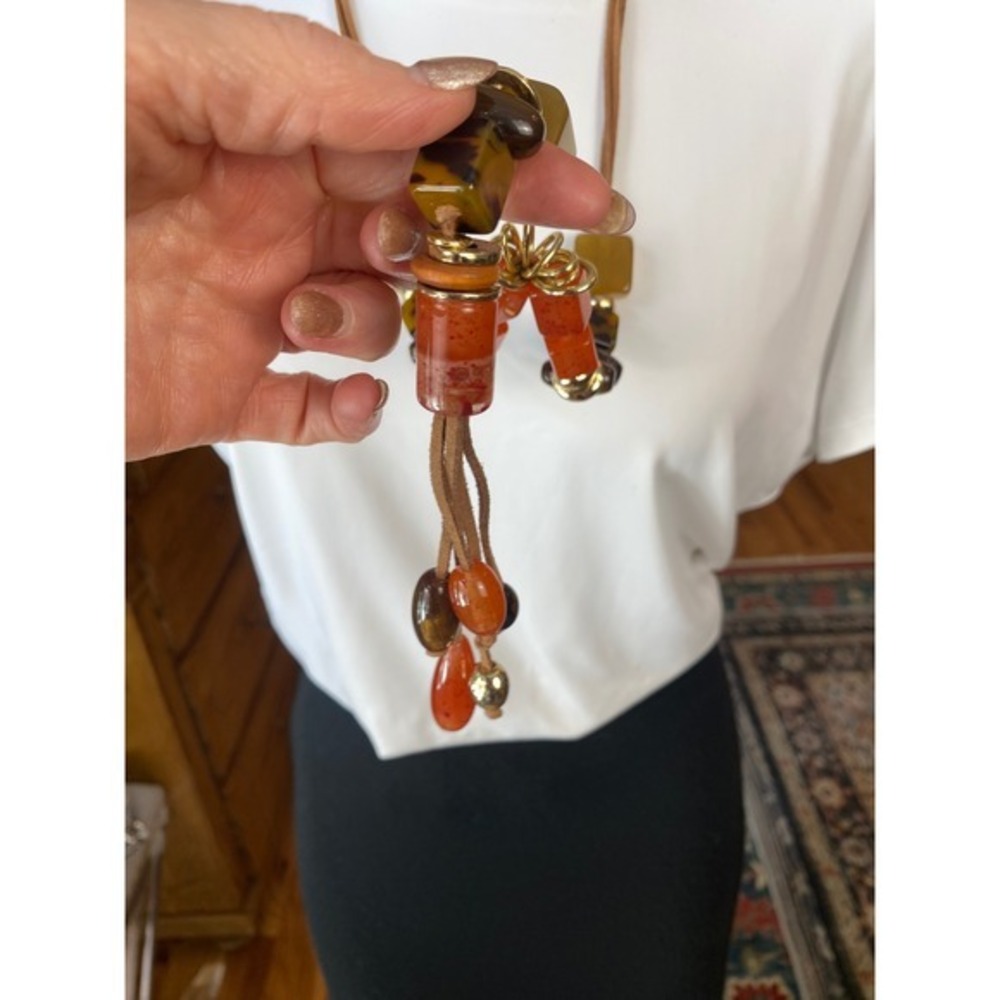 Chico's Long Amber Orange Resin Bead Necklace Gold Tone Faux Suede Cord - Picture 3 of 8